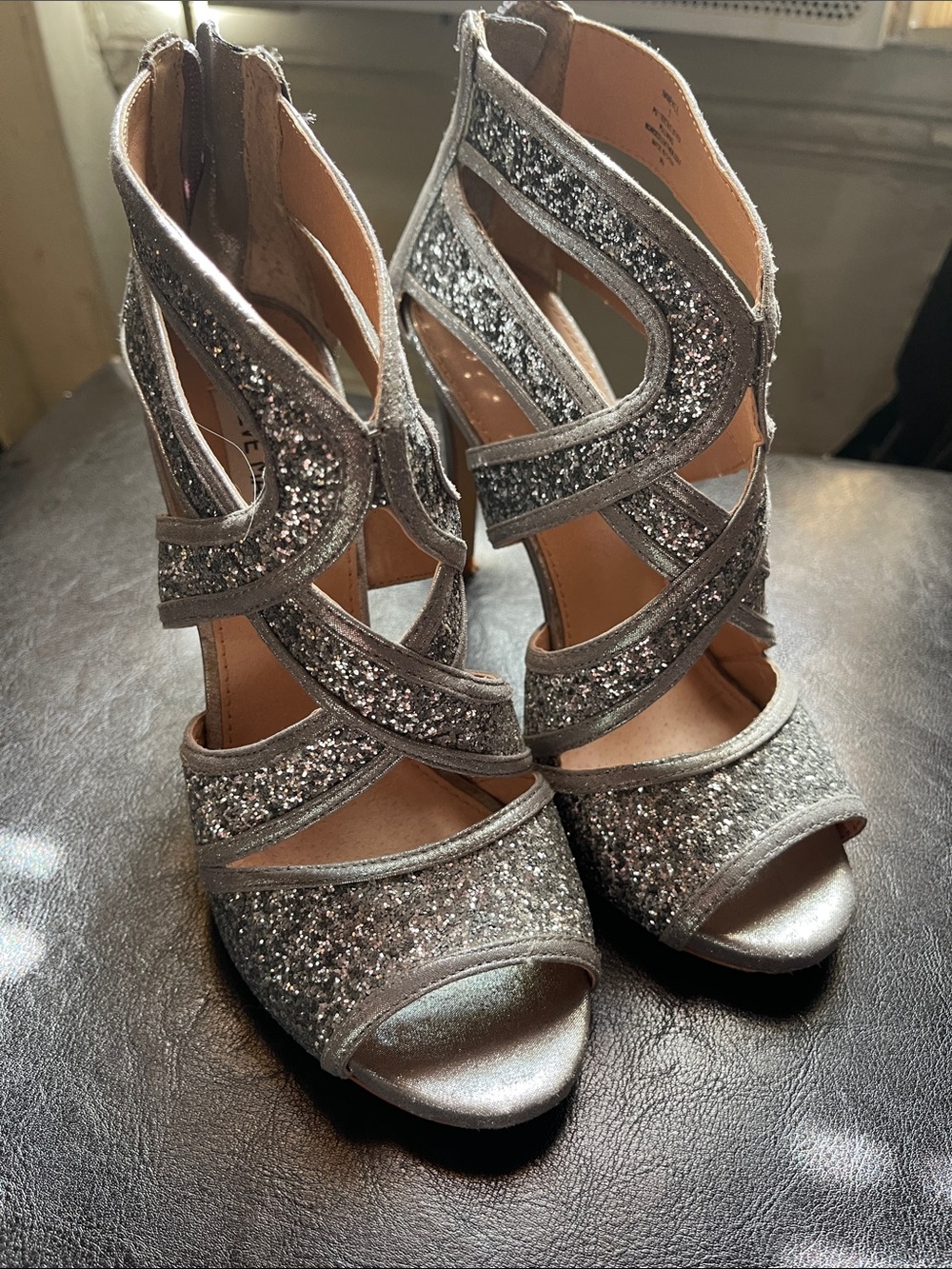 Steve Madden Silver Glitter Cutout Strappy Heels